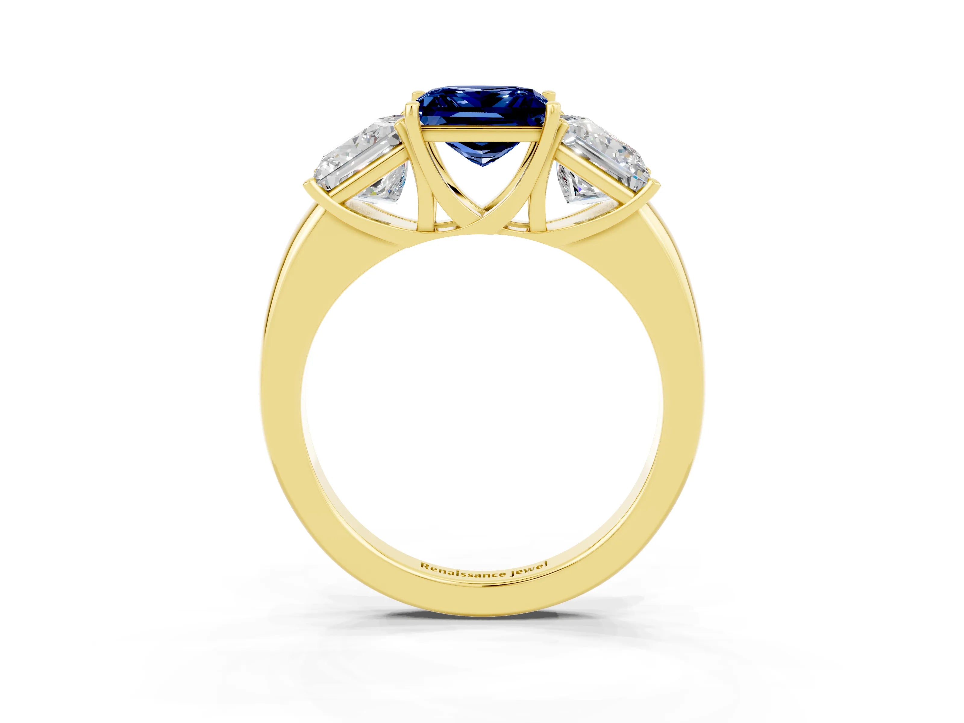 Yellow gold Princess Cut Blue Sapphire Three-Stone Ring with Four-Prong Setting and Classic Band_3