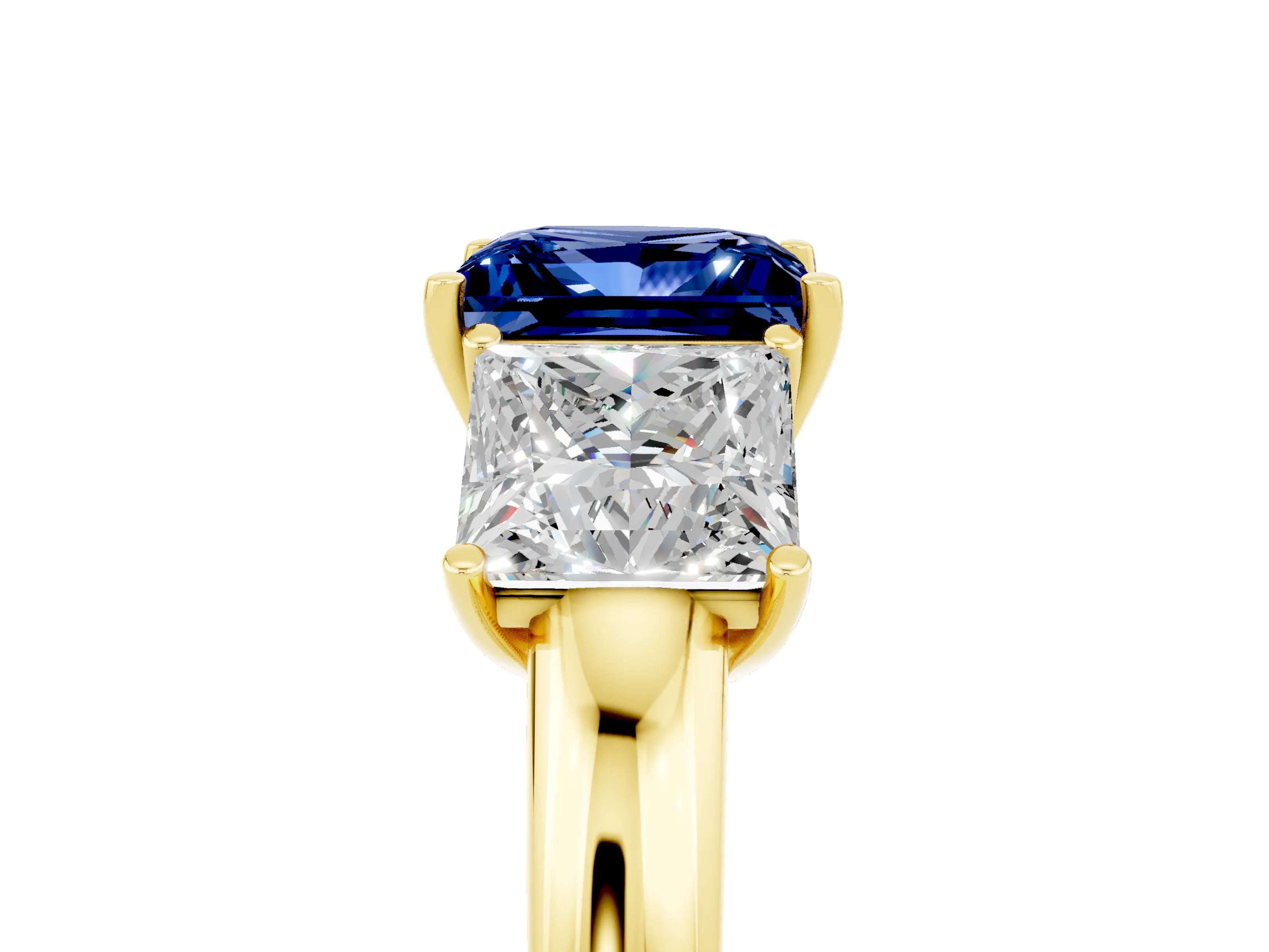 Yellow gold Princess Cut Blue Sapphire Three-Stone Ring with Four-Prong Setting and Classic Band_5