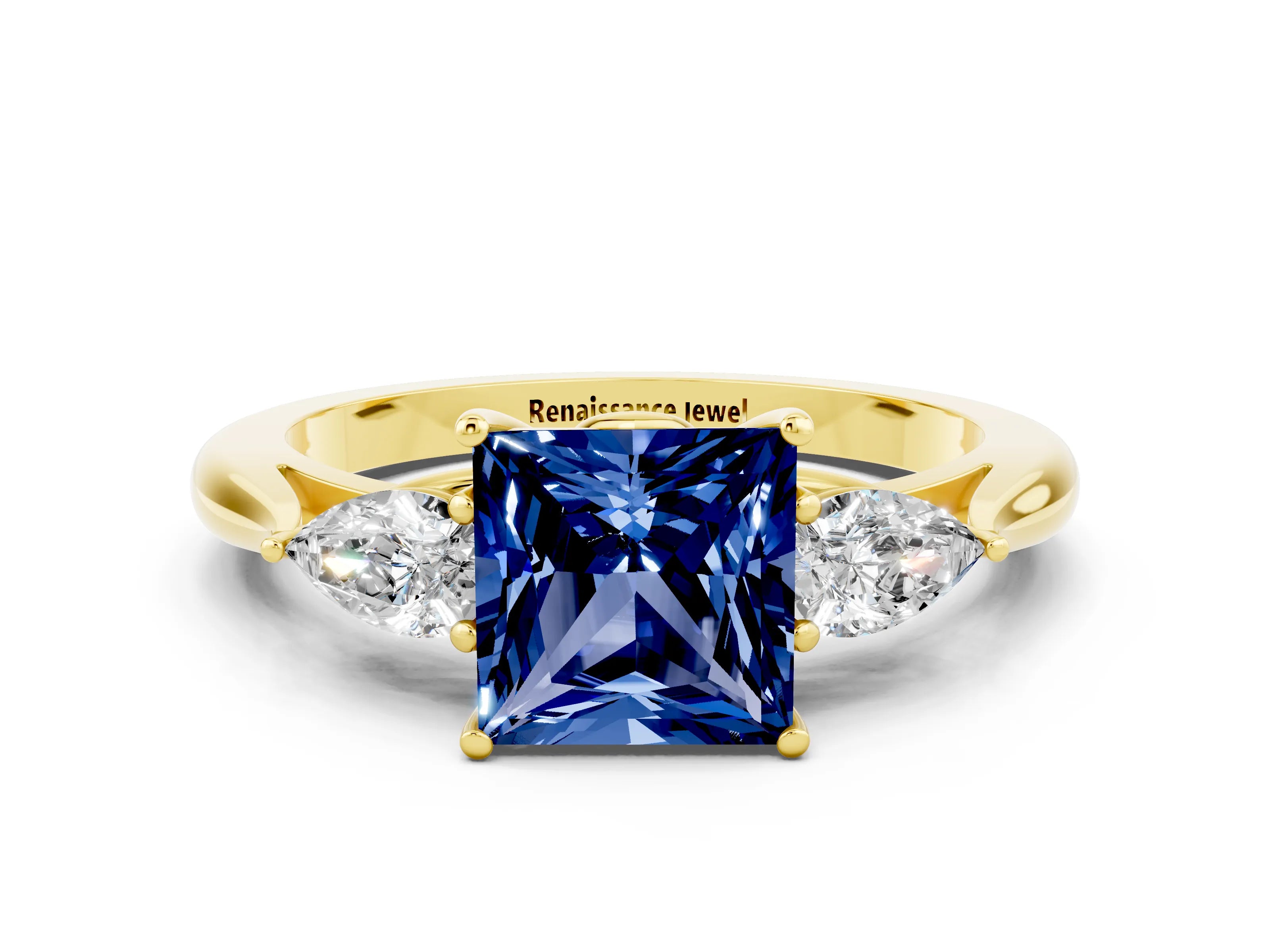 Yellow gold Princess Cut Blue Sapphire Three-Stone Ring with Pear Side Stones and Four-Prong Setting_12