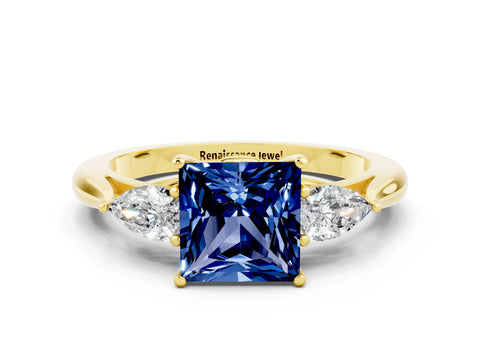 Yellow gold Princess Cut Blue Sapphire Three-Stone Ring with Pear Side Stones and Four-Prong Setting_12