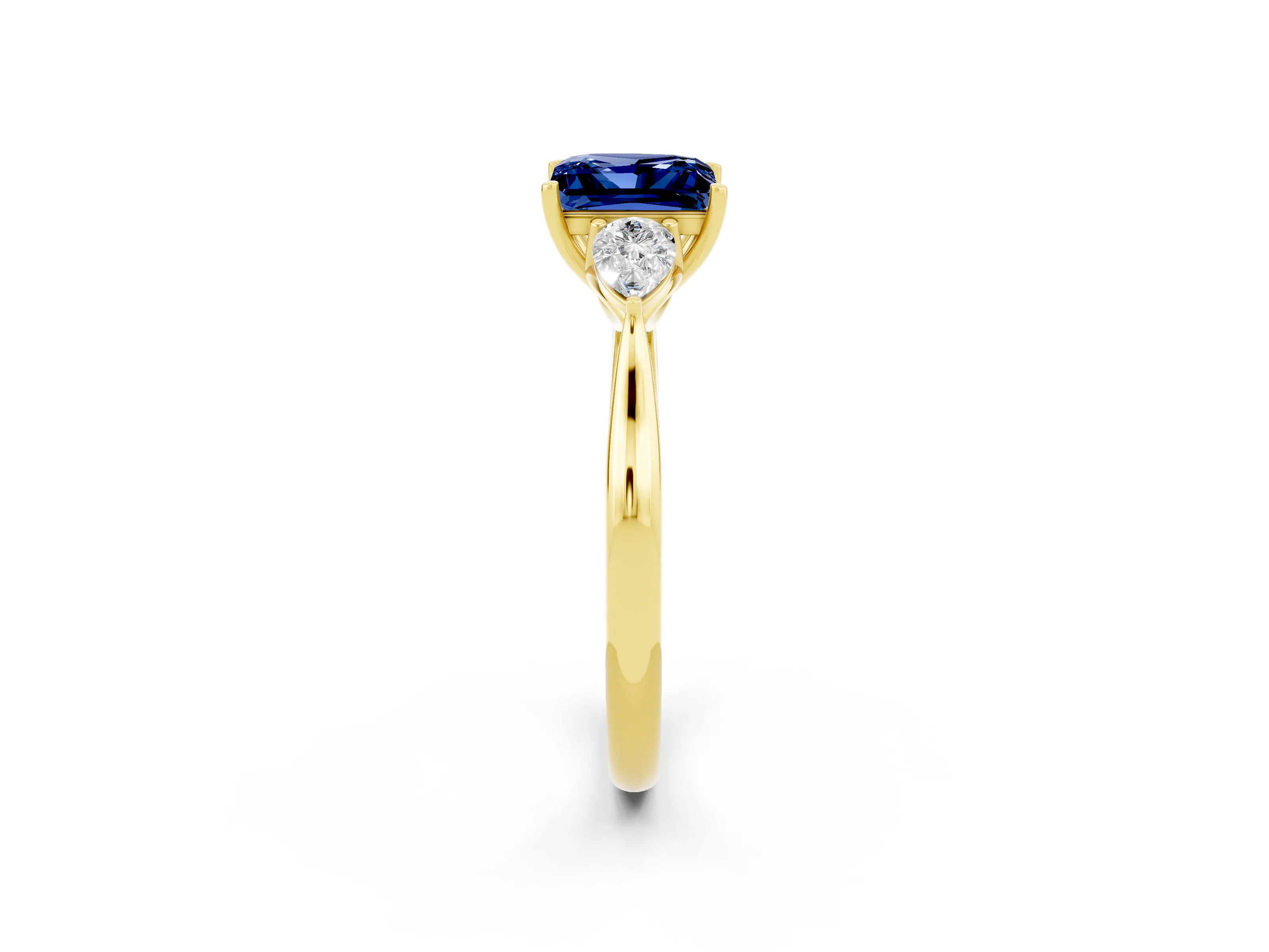 Yellow gold Princess Cut Blue Sapphire Three-Stone Ring with Pear Side Stones and Four-Prong Setting_14