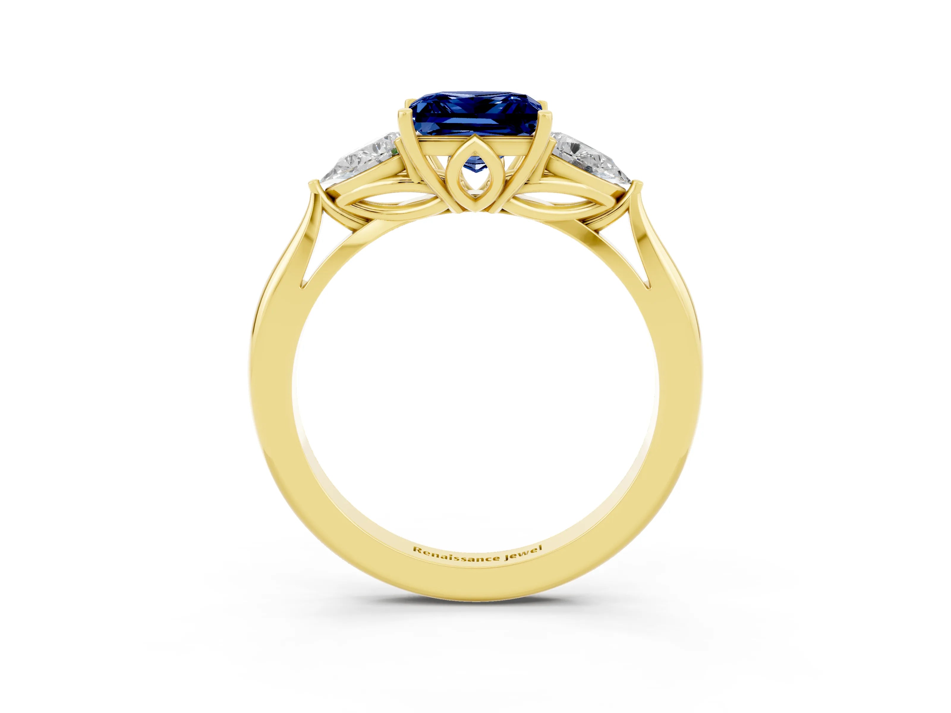 Yellow gold Princess Cut Blue Sapphire Three-Stone Ring with Pear Side Stones and Four-Prong Setting_15
