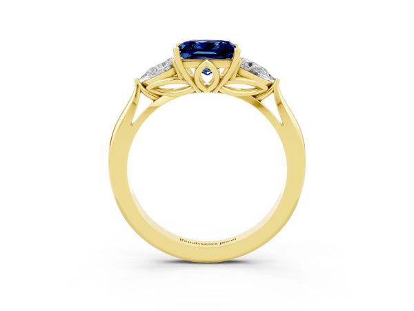 Yellow gold Princess Cut Blue Sapphire Three-Stone Ring with Pear  Side Stones and Prong Setting
