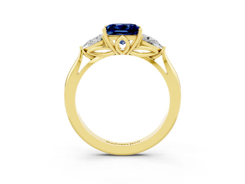 Yellow gold Princess Cut Blue Sapphire Three-Stone Ring with Pear Side Stones and Four-Prong Setting_15