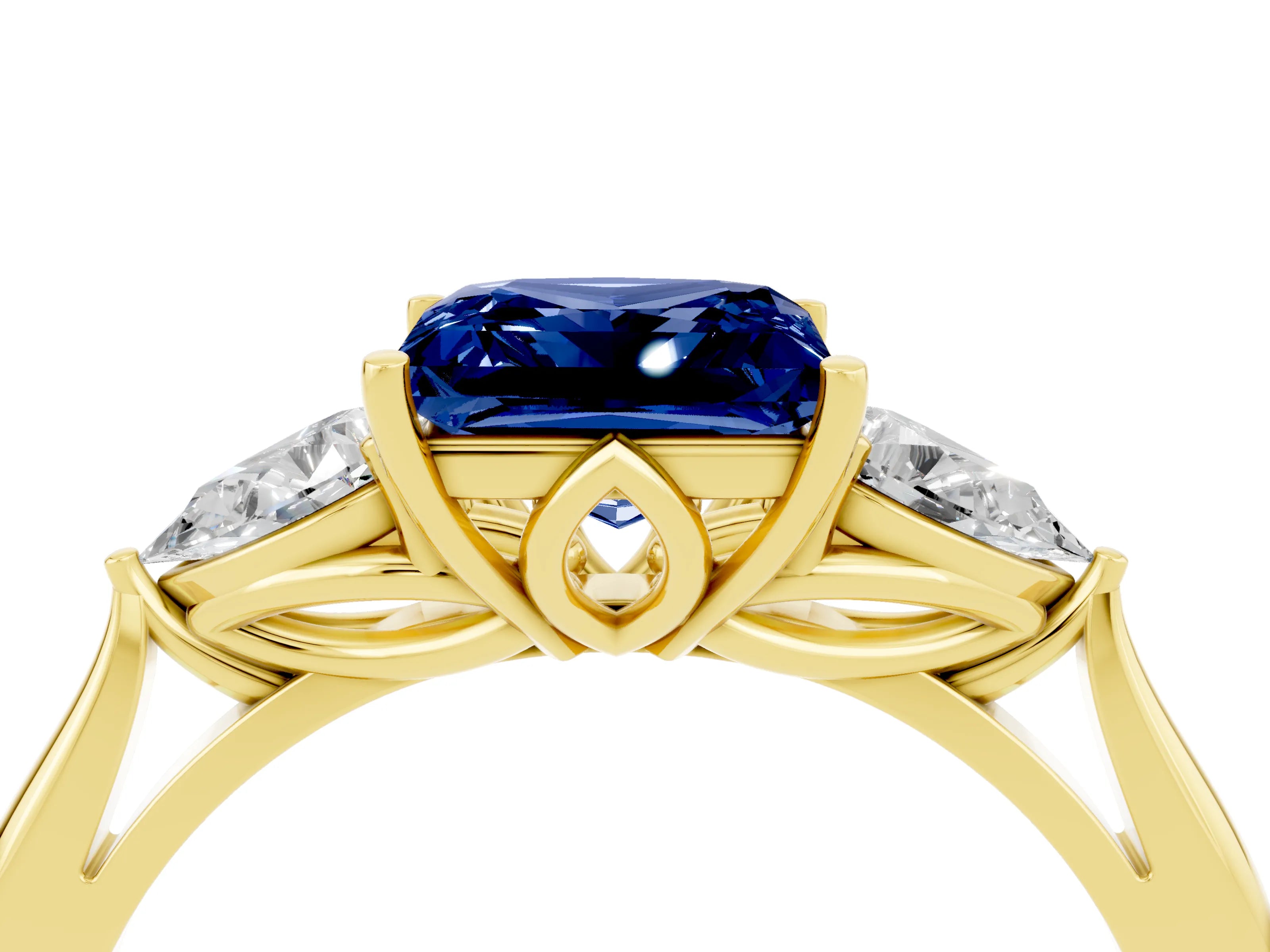 Yellow gold Princess Cut Blue Sapphire Three-Stone Ring with Pear Side Stones and Four-Prong Setting_16