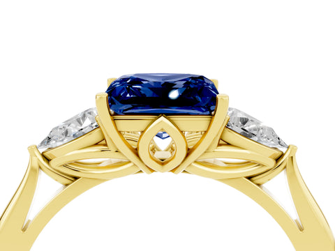 Yellow gold Princess Cut Blue Sapphire Three-Stone Ring with Pear Side Stones and Four-Prong Setting_16