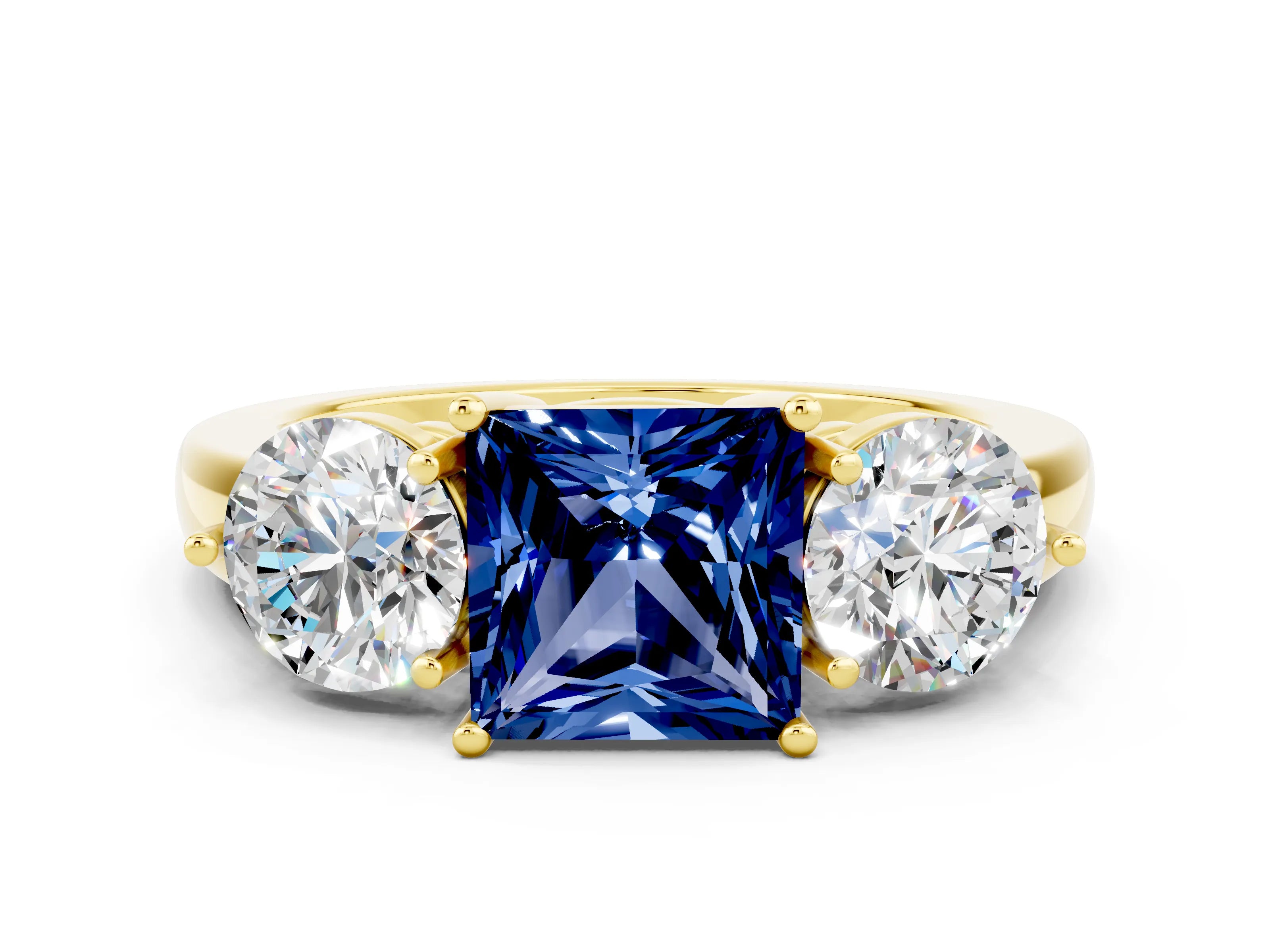 Yellow gold Princess Cut Blue Sapphire Three-Stone Ring with Prong Setting and Classic Band