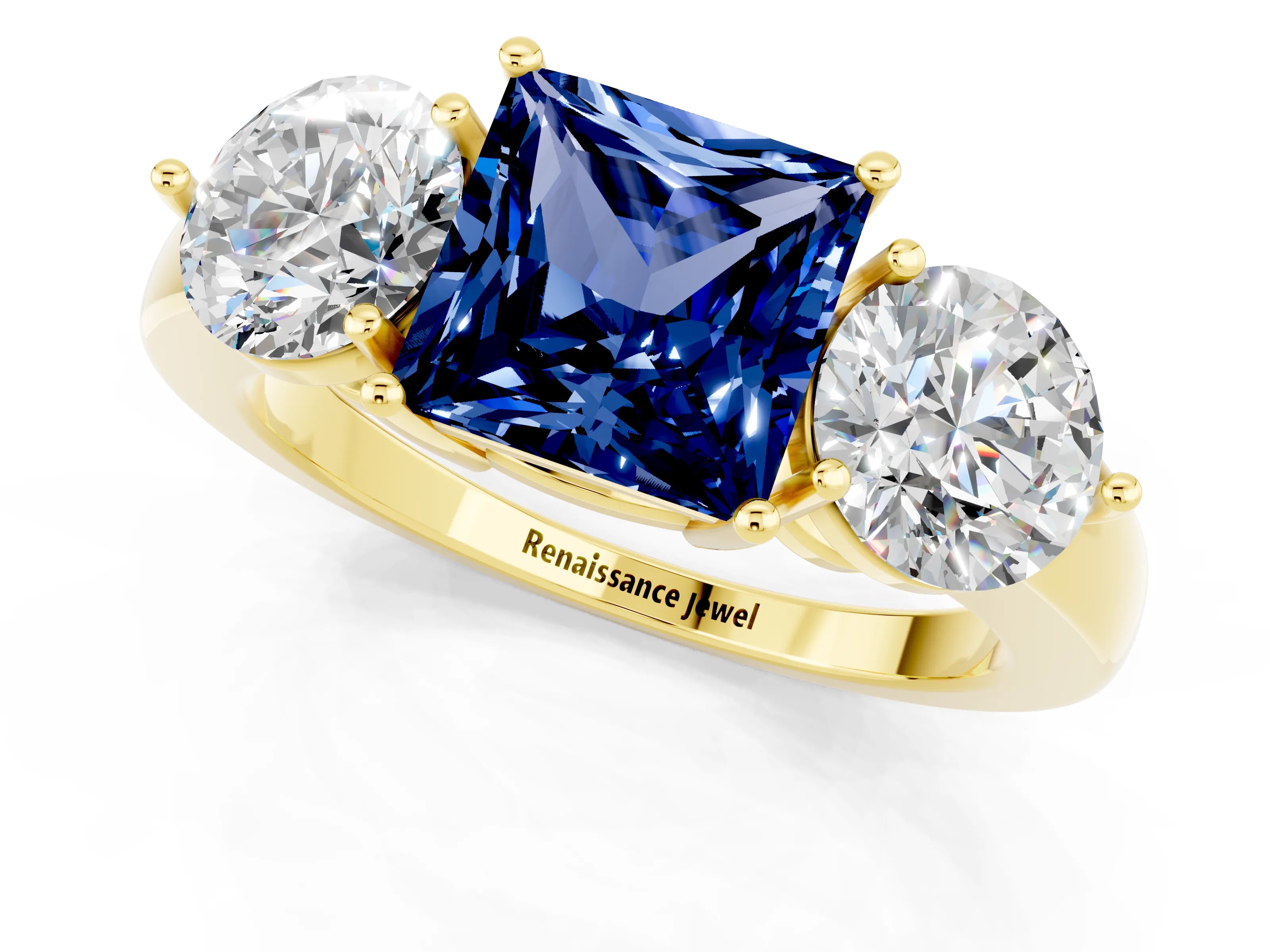 Yellow gold Princess Cut Blue Sapphire Three-Stone Ring with Prong Setting and Classic Band_1