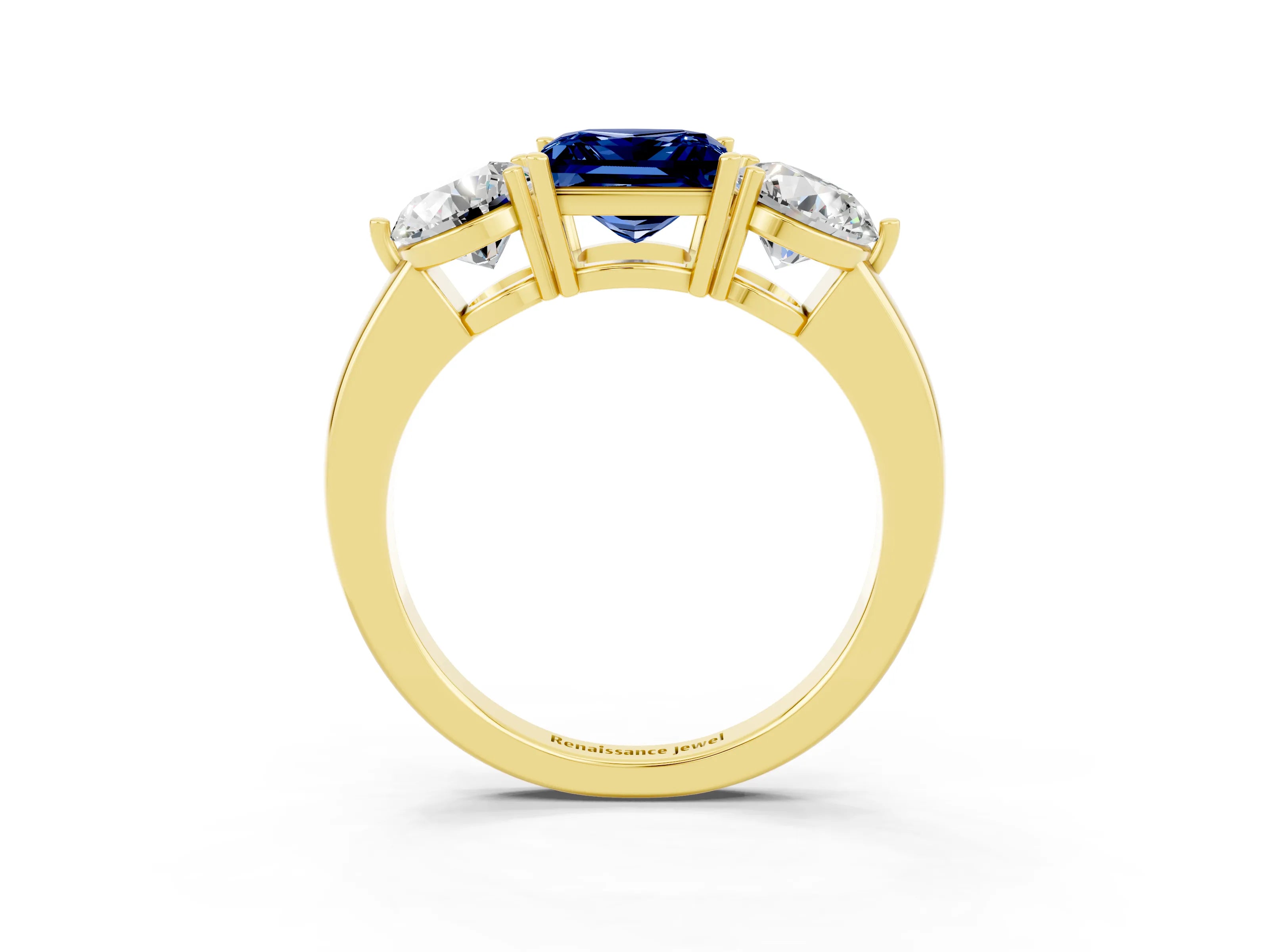 Yellow gold Princess Cut Blue Sapphire Three-Stone Ring with Prong Setting and Classic Band_3