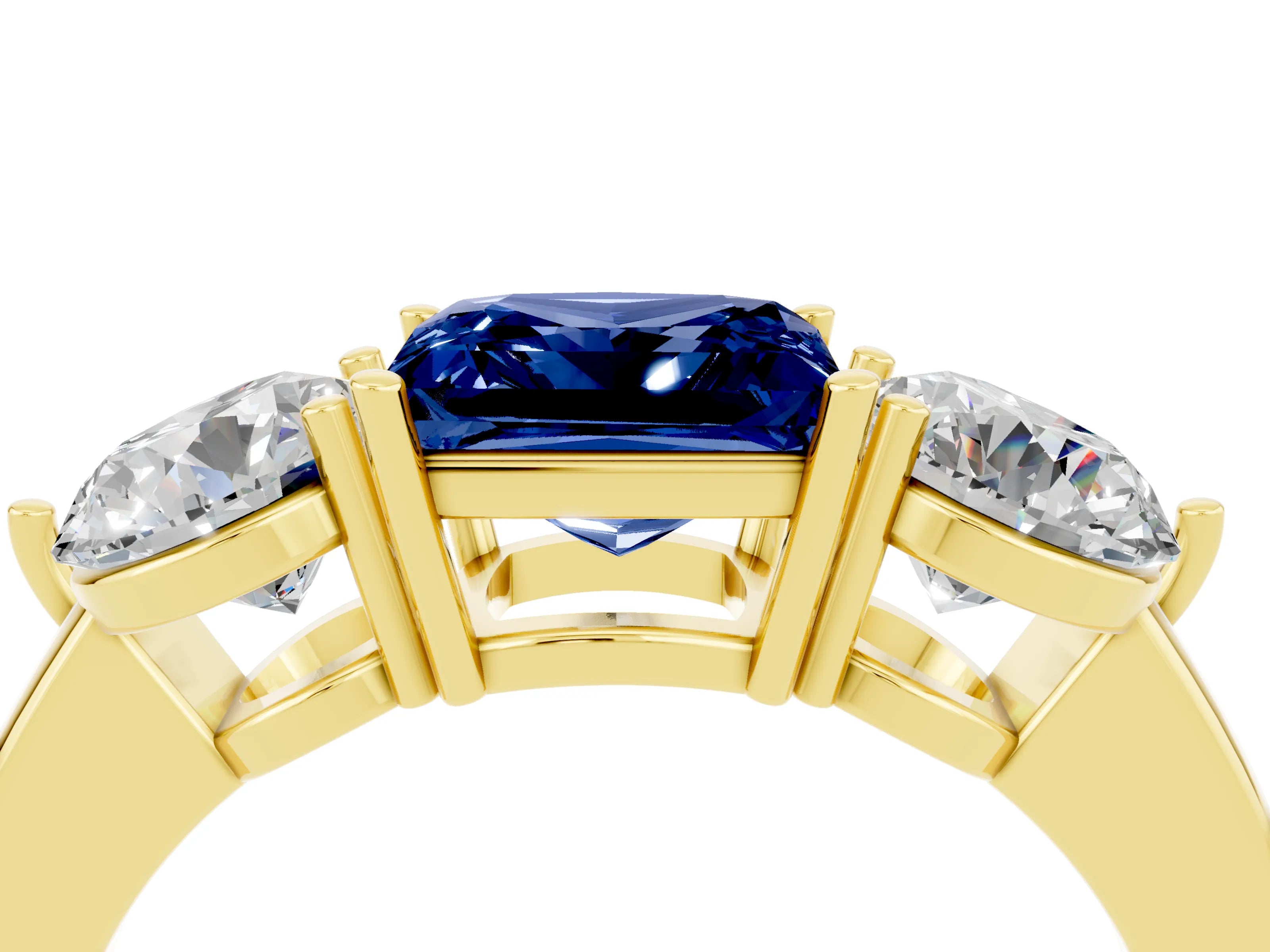 Yellow gold Princess Cut Blue Sapphire Three-Stone Ring with Prong Setting and Classic Band_4