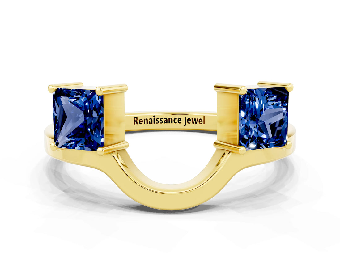 Yellow gold Princess Cut Blue Sapphire Two-Stone Open Band Ring with Four-Prong Setting_6