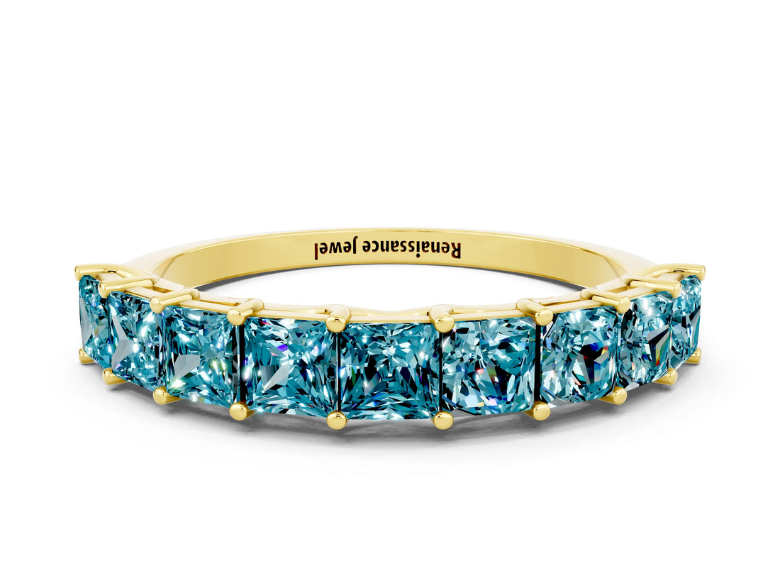 Yellow gold Princess Cut Blue Topaz Channel-Set Eternity Band with Prong Setting_6