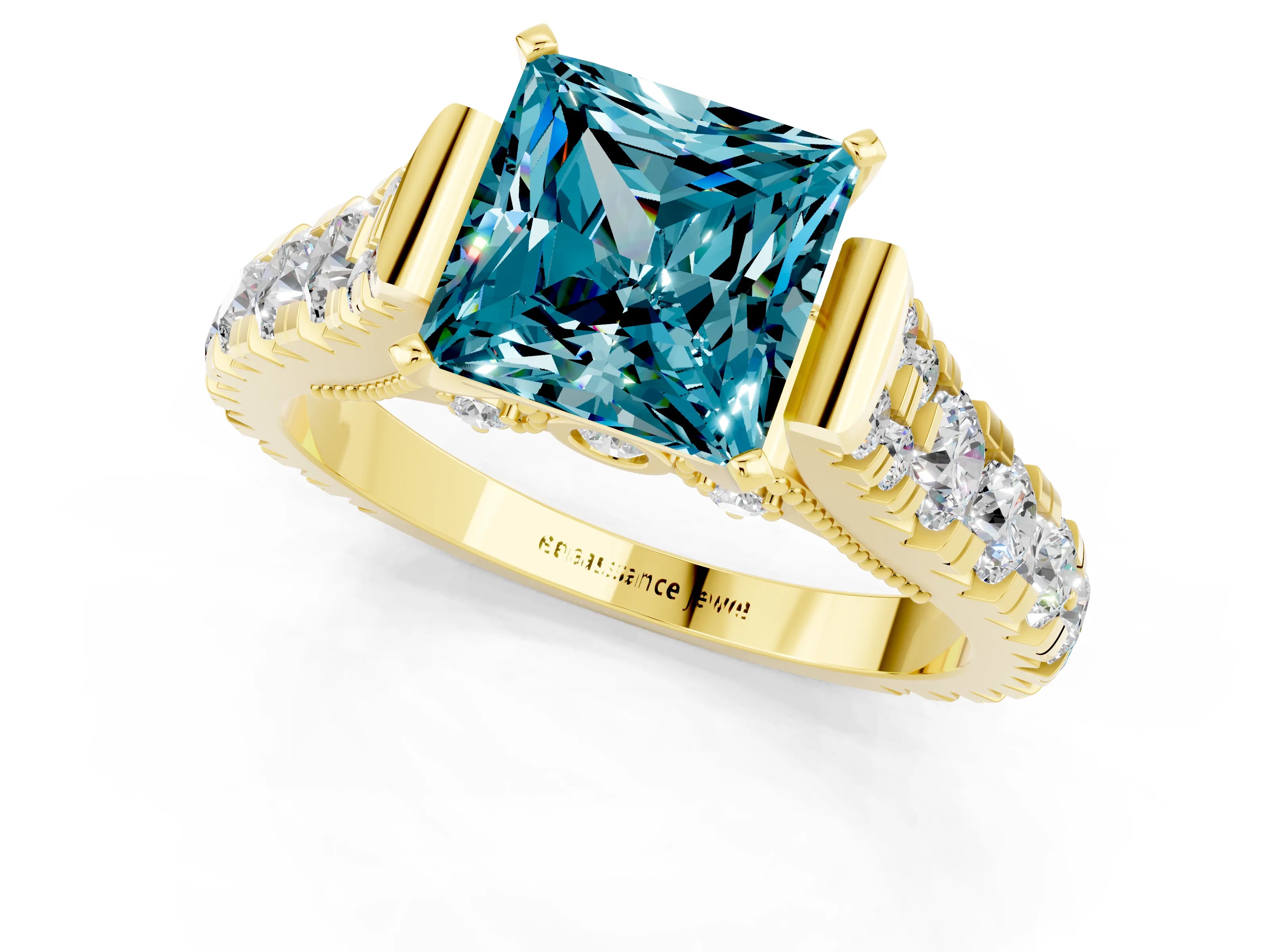 Yellow gold Princess Cut Blue Topaz Classic Solitaire Ring with Pavé Band and Four-Prong Setting_1