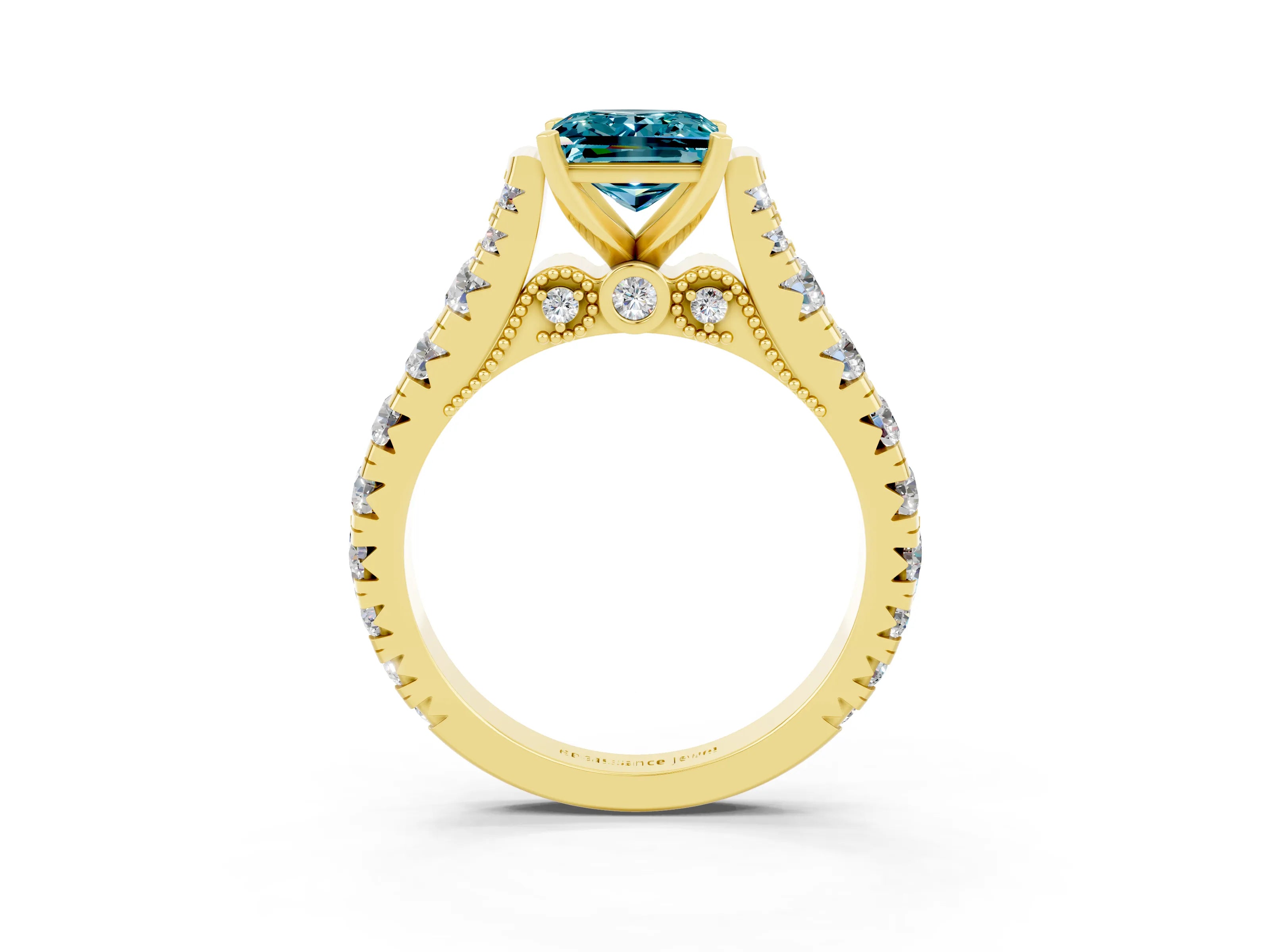 Yellow gold Princess Cut Blue Topaz Classic Solitaire Ring with Pavé Band and Four-Prong Setting_3