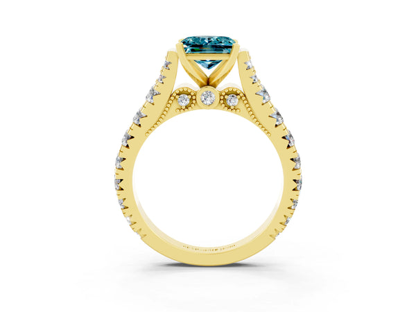 Yellow gold Princess Cut Blue Topaz Classic Solitaire Ring with Pavé Band and Four-Prong Setting