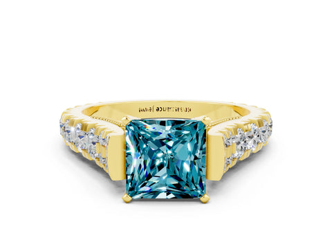Yellow gold Princess Cut Blue Topaz Classic Solitaire Ring with Pavé Band and Four-Prong Setting