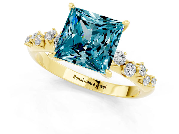 Yellow gold Princess Cut Blue Topaz Cluster Side Stone Solitaire Ring with Prong Setting