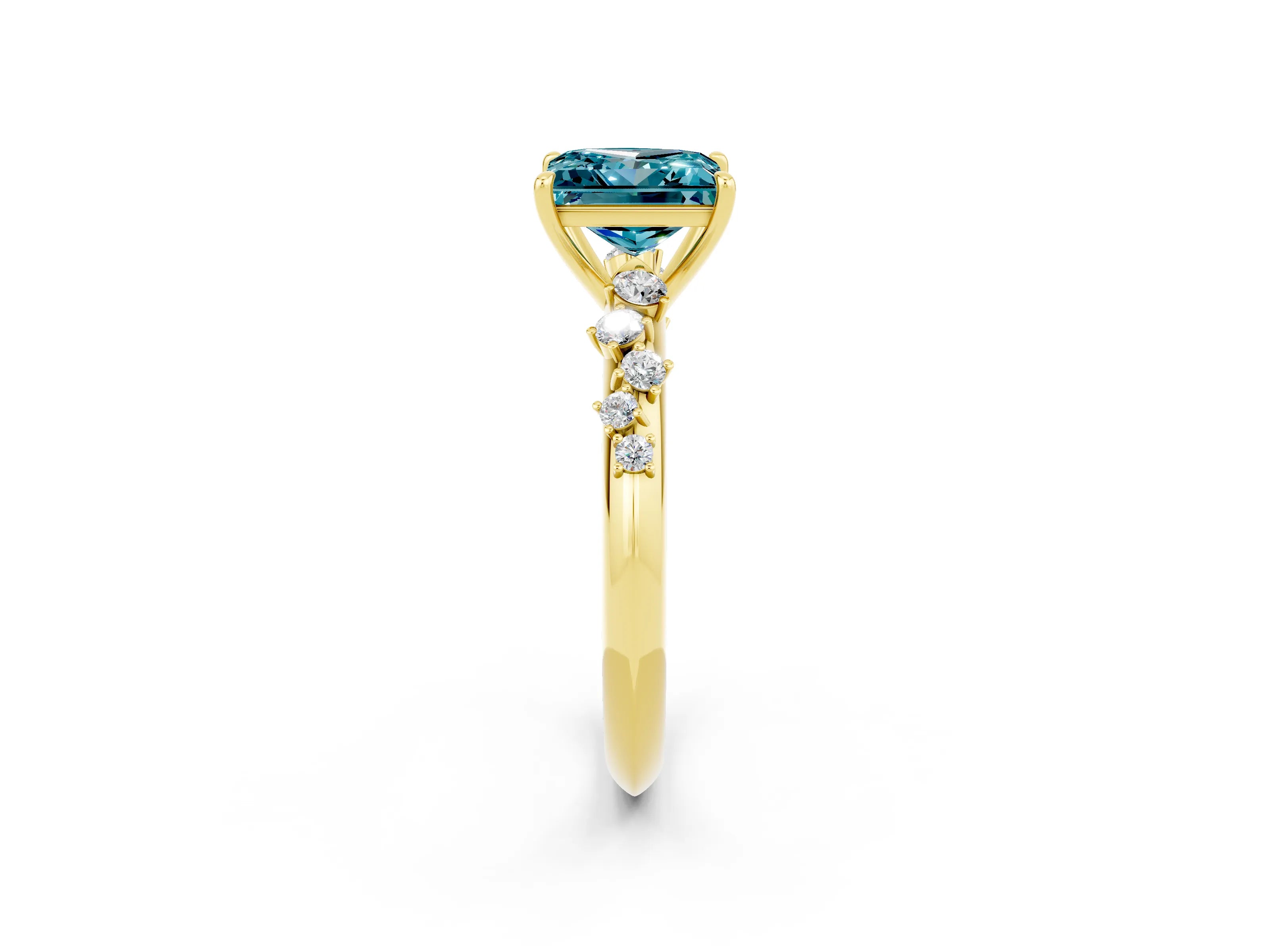 Yellow gold Princess Cut Blue Topaz Cluster Side Stone Solitaire Ring with Prong Setting_26