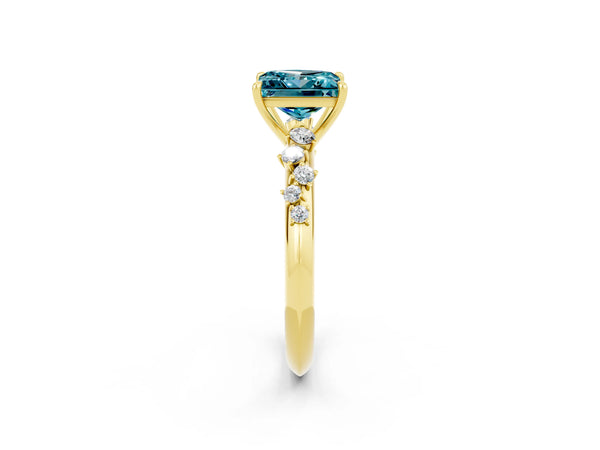 Yellow gold Princess Cut Blue Topaz Cluster Side Stone Solitaire Ring with Prong Setting