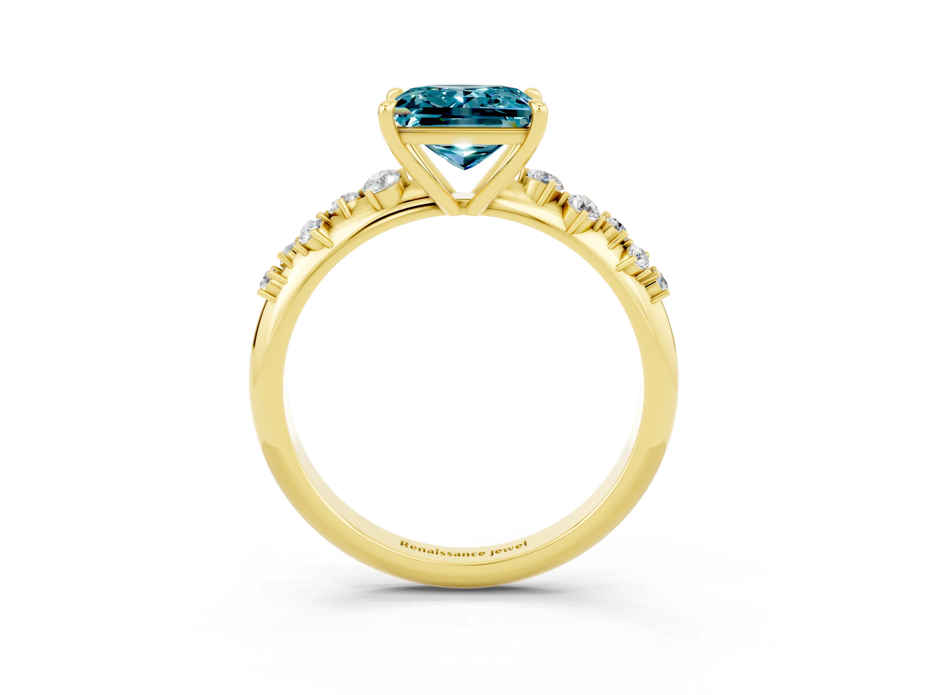 Yellow gold Princess Cut Blue Topaz Cluster Side Stone Solitaire Ring with Prong Setting_27