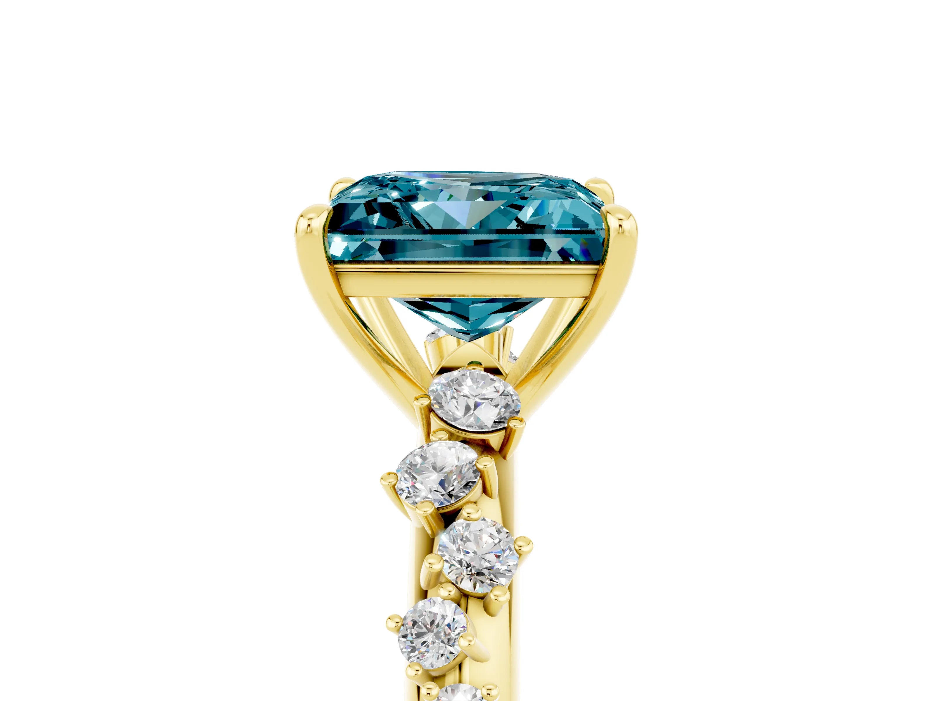 Yellow gold Princess Cut Blue Topaz Cluster Side Stone Solitaire Ring with Prong Setting_29
