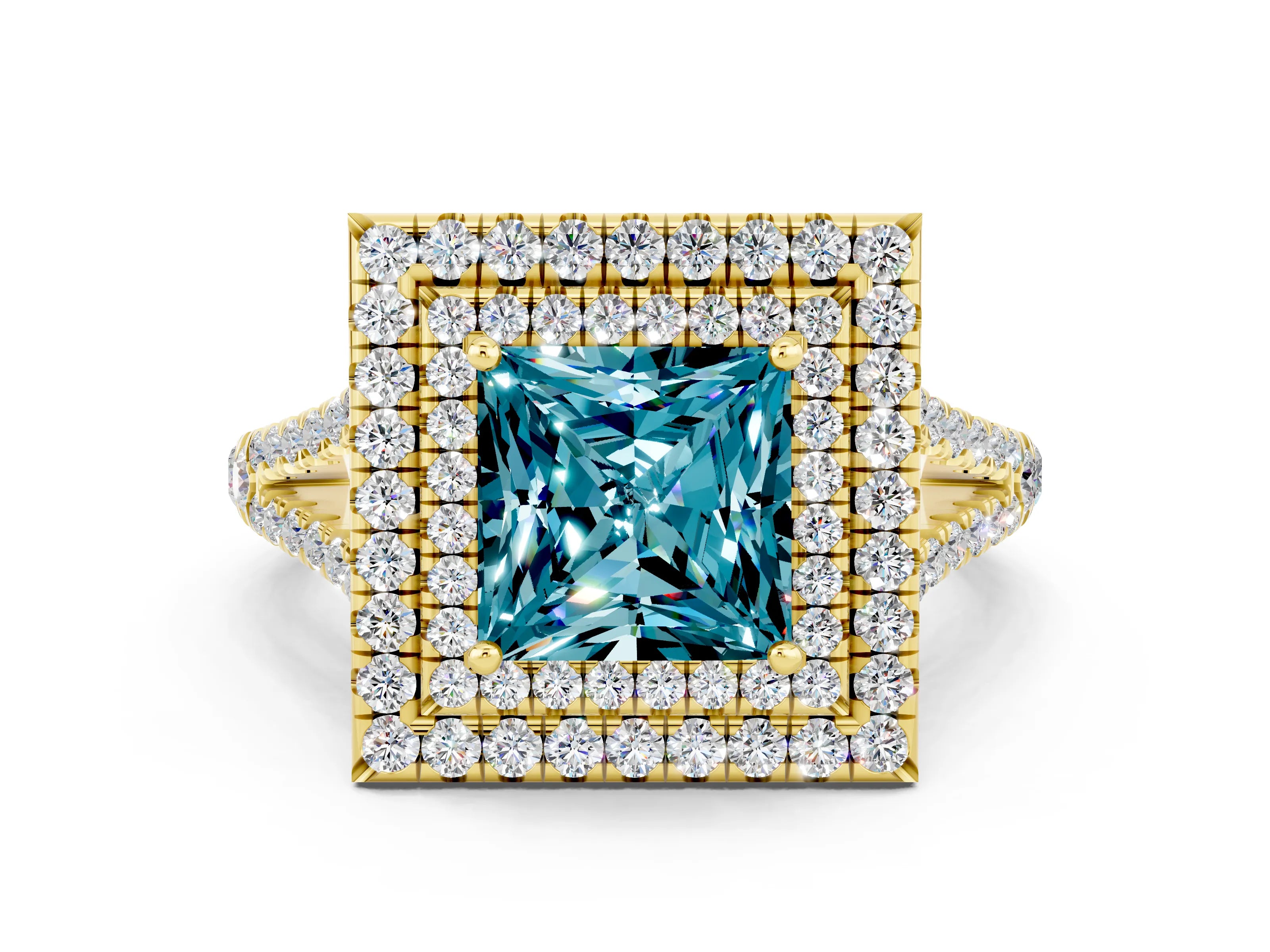 Yellow gold Princess Cut Blue Topaz Double Halo Ring with Pavé Band and Prong Setting_12