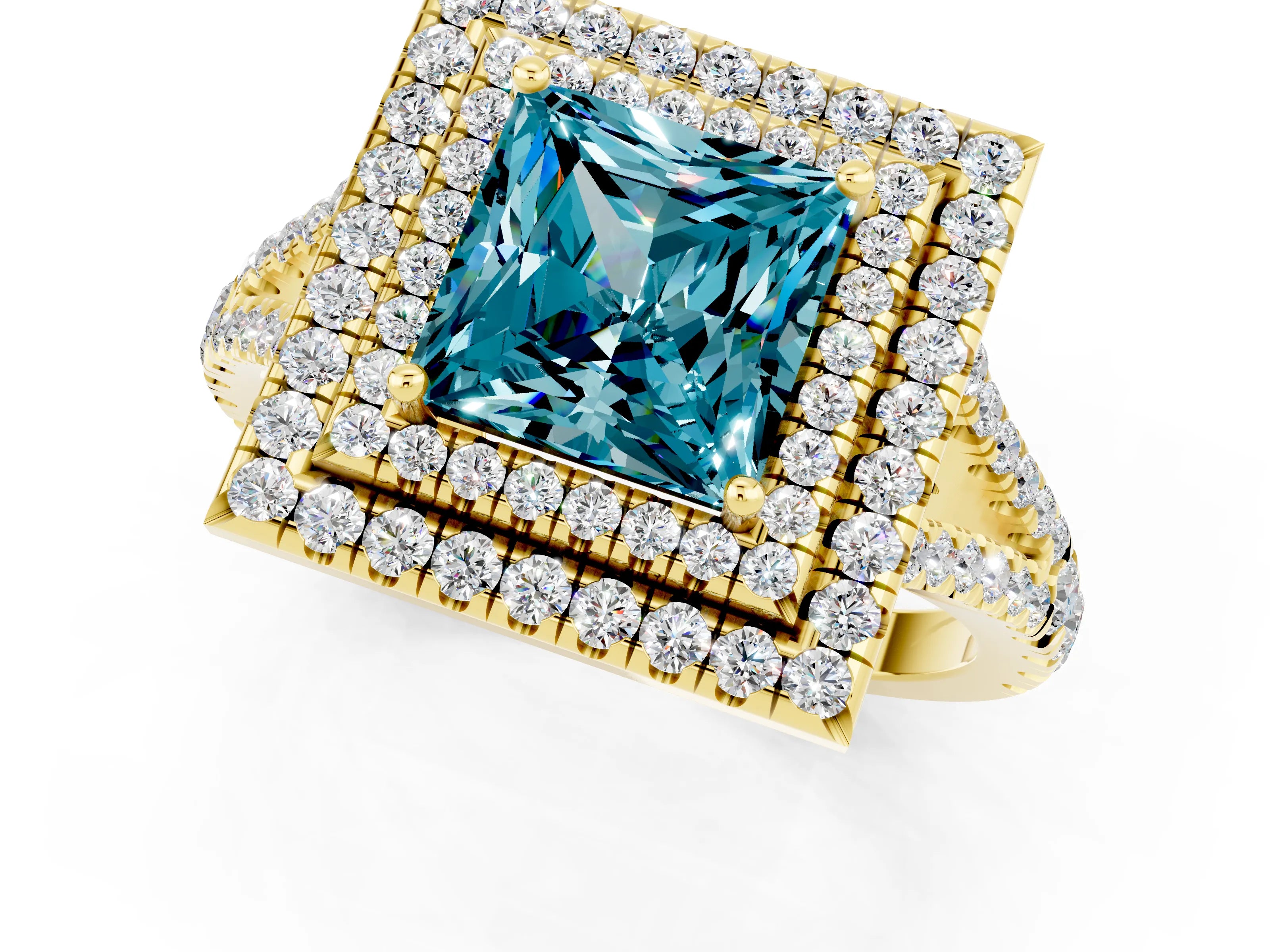 Yellow gold Princess Cut Blue Topaz Double Halo Ring with Pavé Band and Prong Setting_13