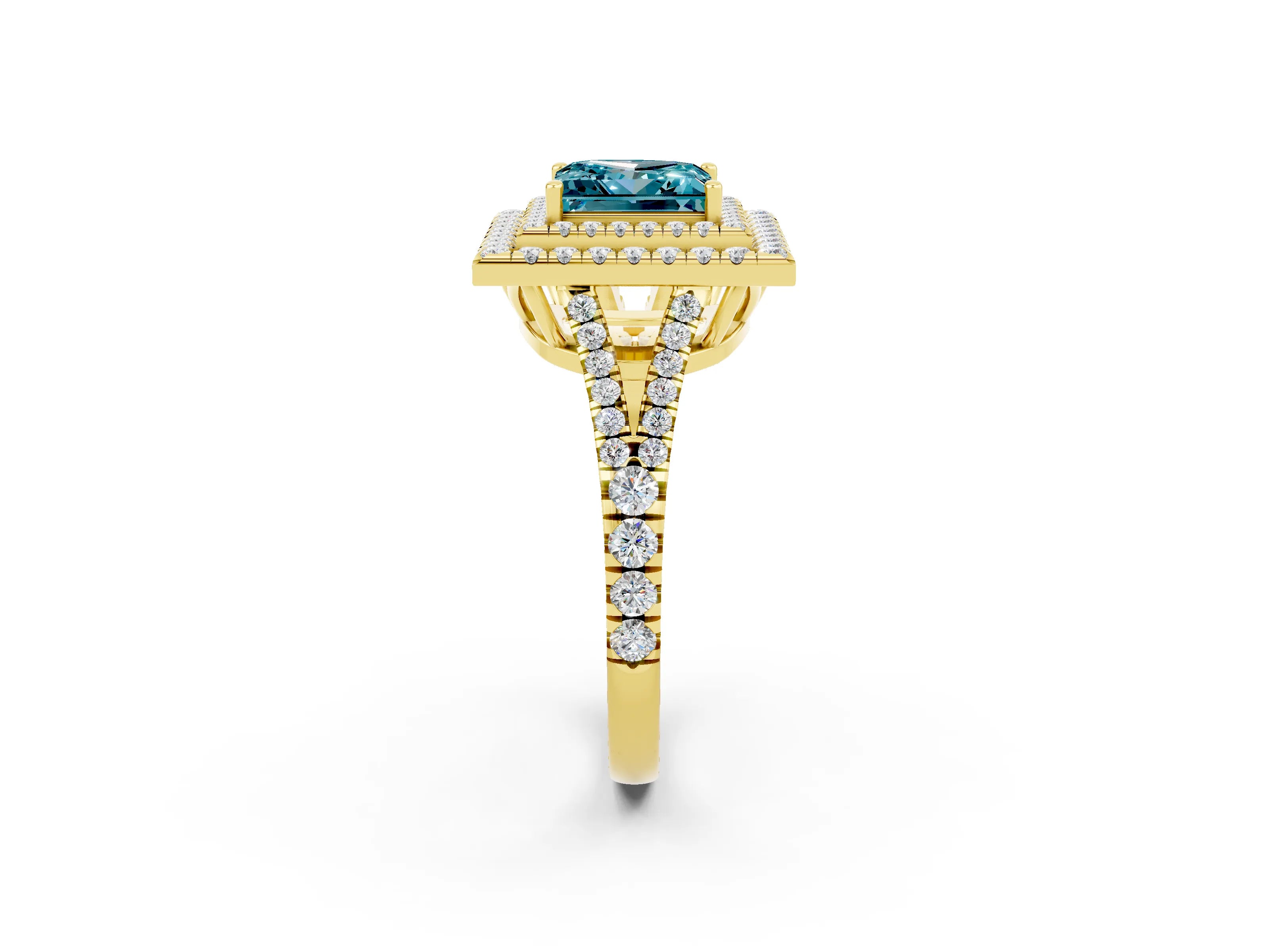 Yellow gold Princess Cut Blue Topaz Double Halo Ring with Pavé Band and Prong Setting_14