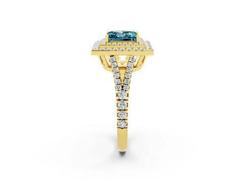 Yellow gold Princess Cut Blue Topaz Double Halo Ring with Pavé Band and Prong Setting_14