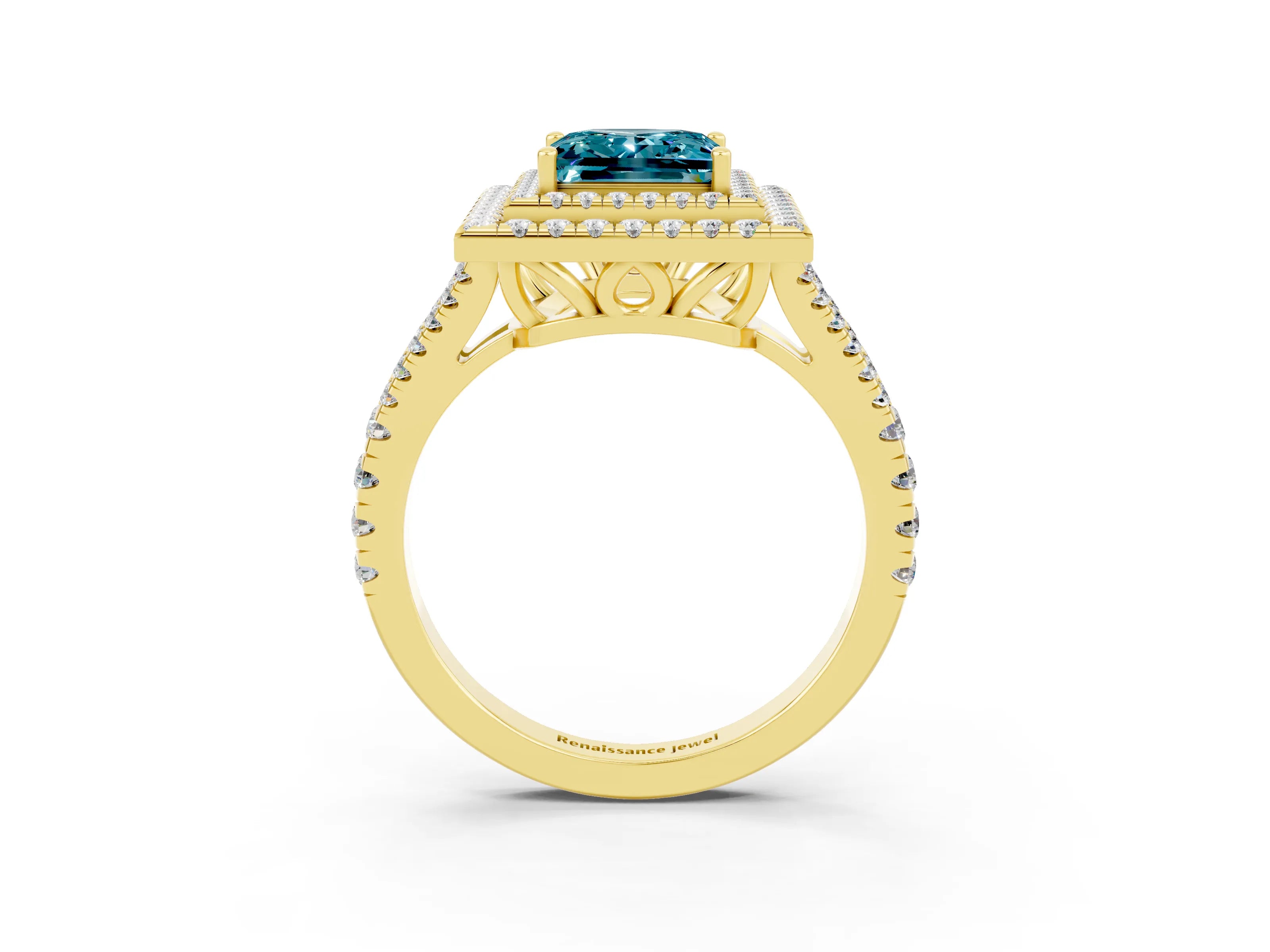Yellow gold Princess Cut Blue Topaz Double Halo Ring with Pavé Band and Prong Setting_15