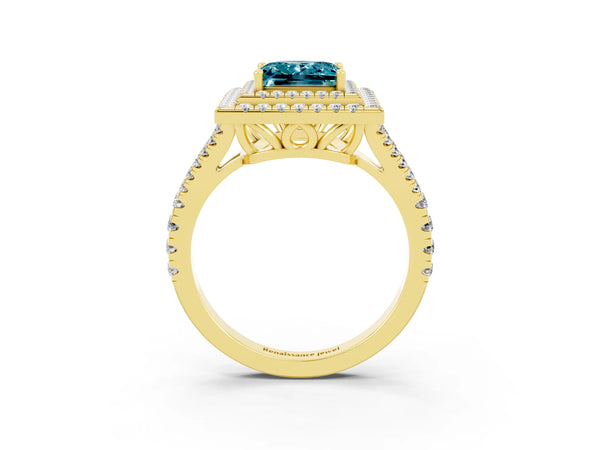 Yellow gold Princess Cut Blue Topaz Double Halo Ring with Pavé Band and Prong Setting