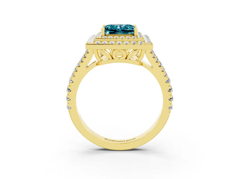 Yellow gold Princess Cut Blue Topaz Double Halo Ring with Pavé Band and Prong Setting_15