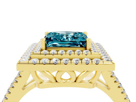 Yellow gold Princess Cut Blue Topaz Double Halo Ring with Pavé Band and Prong Setting_16