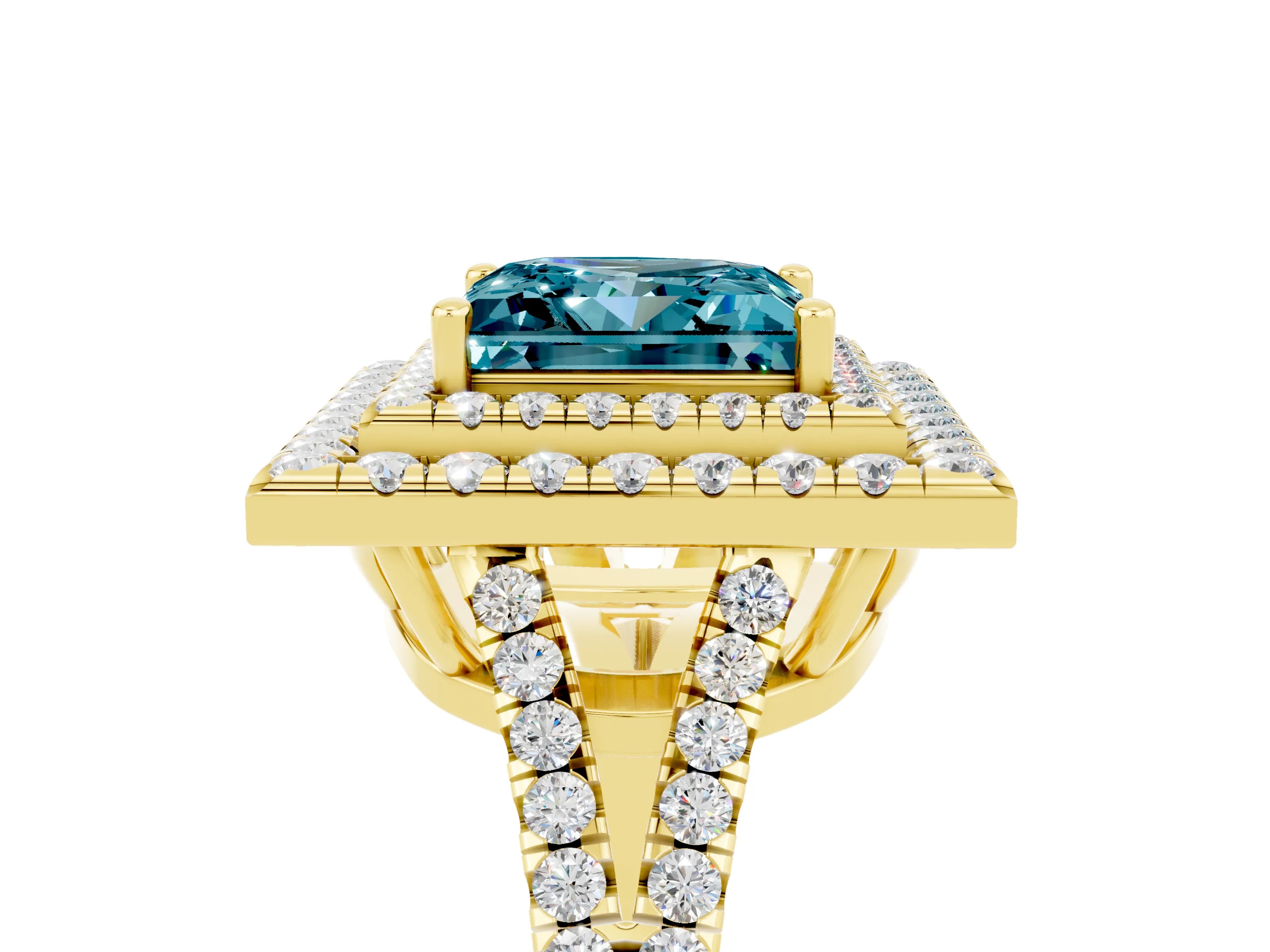 Yellow gold Princess Cut Blue Topaz Double Halo Ring with Pavé Band and Prong Setting_17