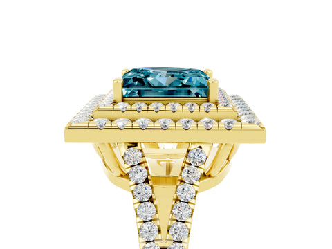 Yellow gold Princess Cut Blue Topaz Double Halo Ring with Pavé Band and Prong Setting_17