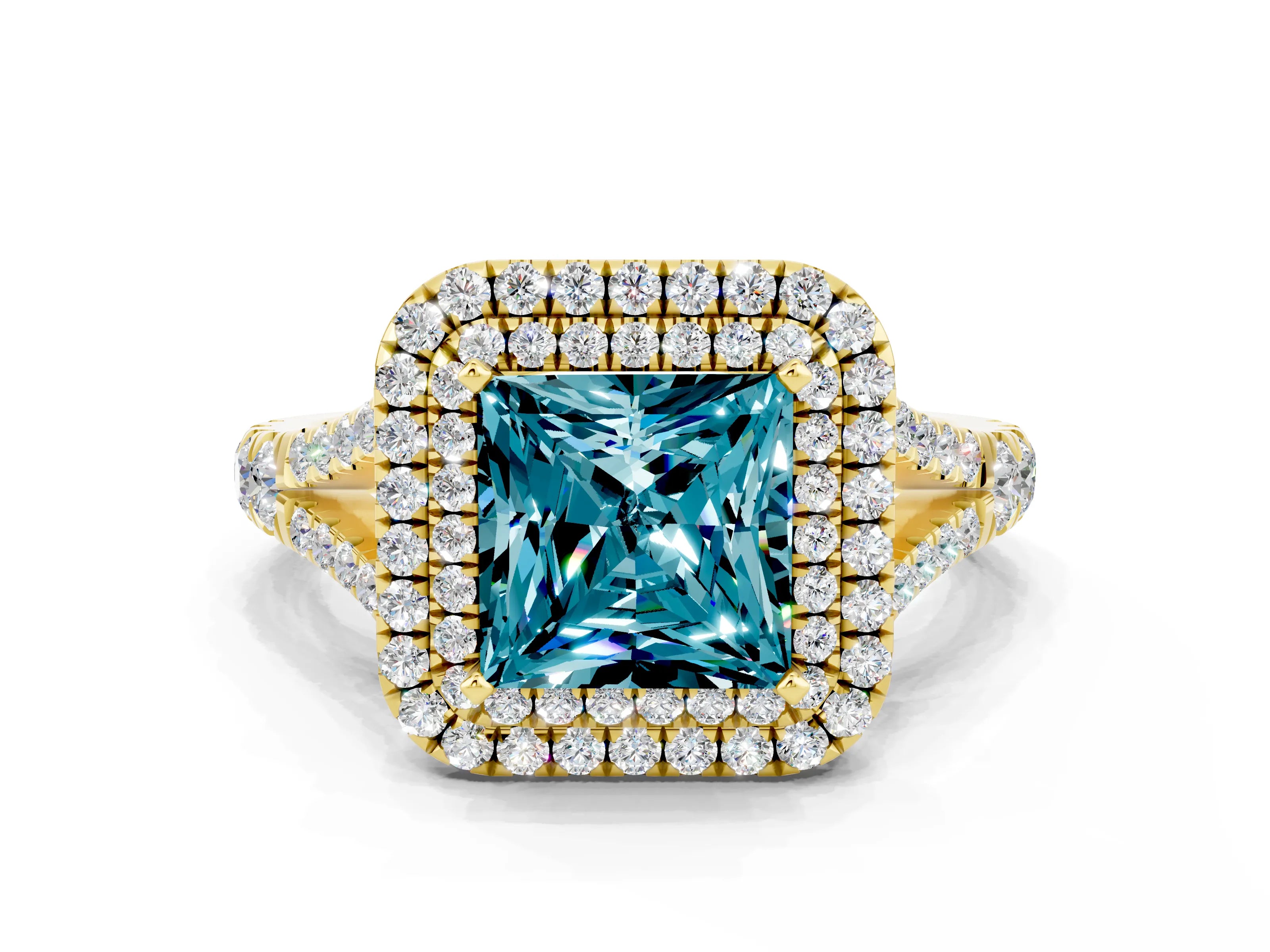 Yellow gold Princess Cut Blue Topaz Double Halo Ring with Split Shank and Prong Setting_12