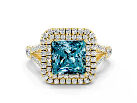 Yellow gold Princess Cut Blue Topaz Double Halo Ring with Split Shank and Prong Setting_12