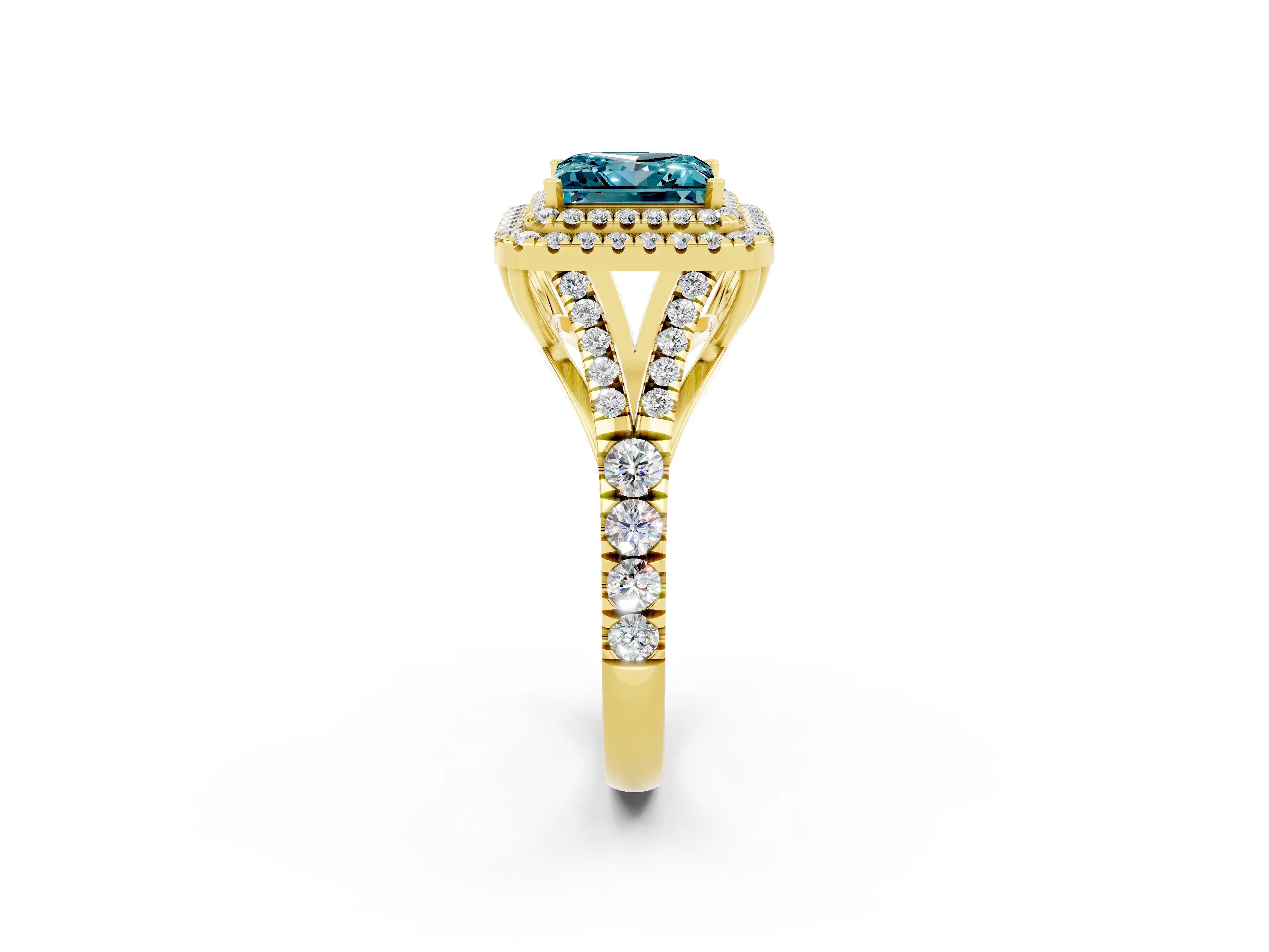 Yellow gold Princess Cut Blue Topaz Double Halo Ring with Split Shank and Prong Setting_14