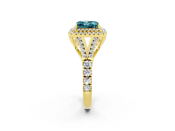 Yellow gold Princess Cut Blue Topaz Double Halo Ring with Split Shank and Prong Setting