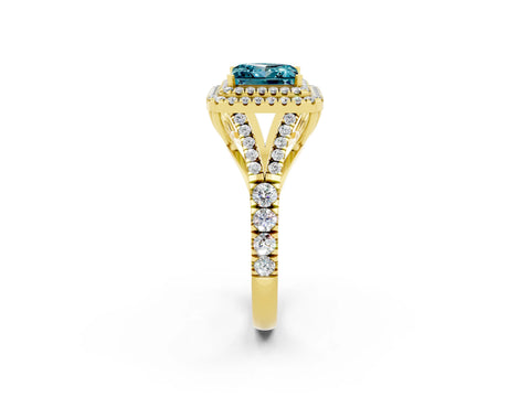 Yellow gold Princess Cut Blue Topaz Double Halo Ring with Split Shank and Prong Setting_14