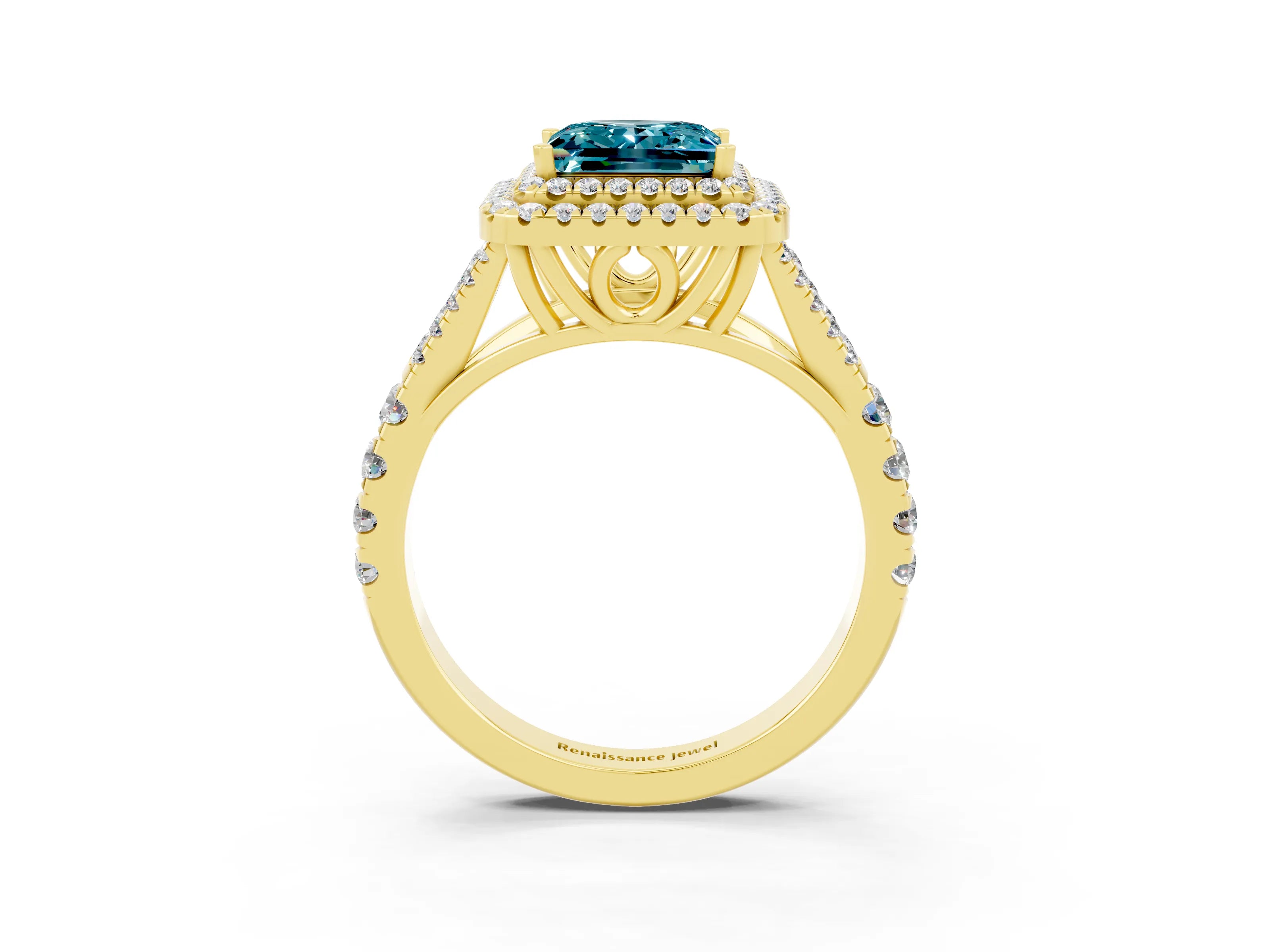 Yellow gold Princess Cut Blue Topaz Double Halo Ring with Split Shank and Prong Setting_15