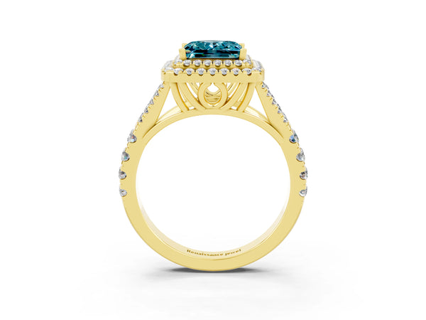 Yellow gold Princess Cut Blue Topaz Double Halo Ring with Split Shank and Prong Setting