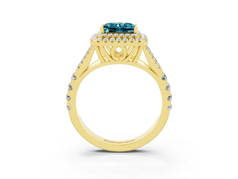 Yellow gold Princess Cut Blue Topaz Double Halo Ring with Split Shank and Prong Setting_15