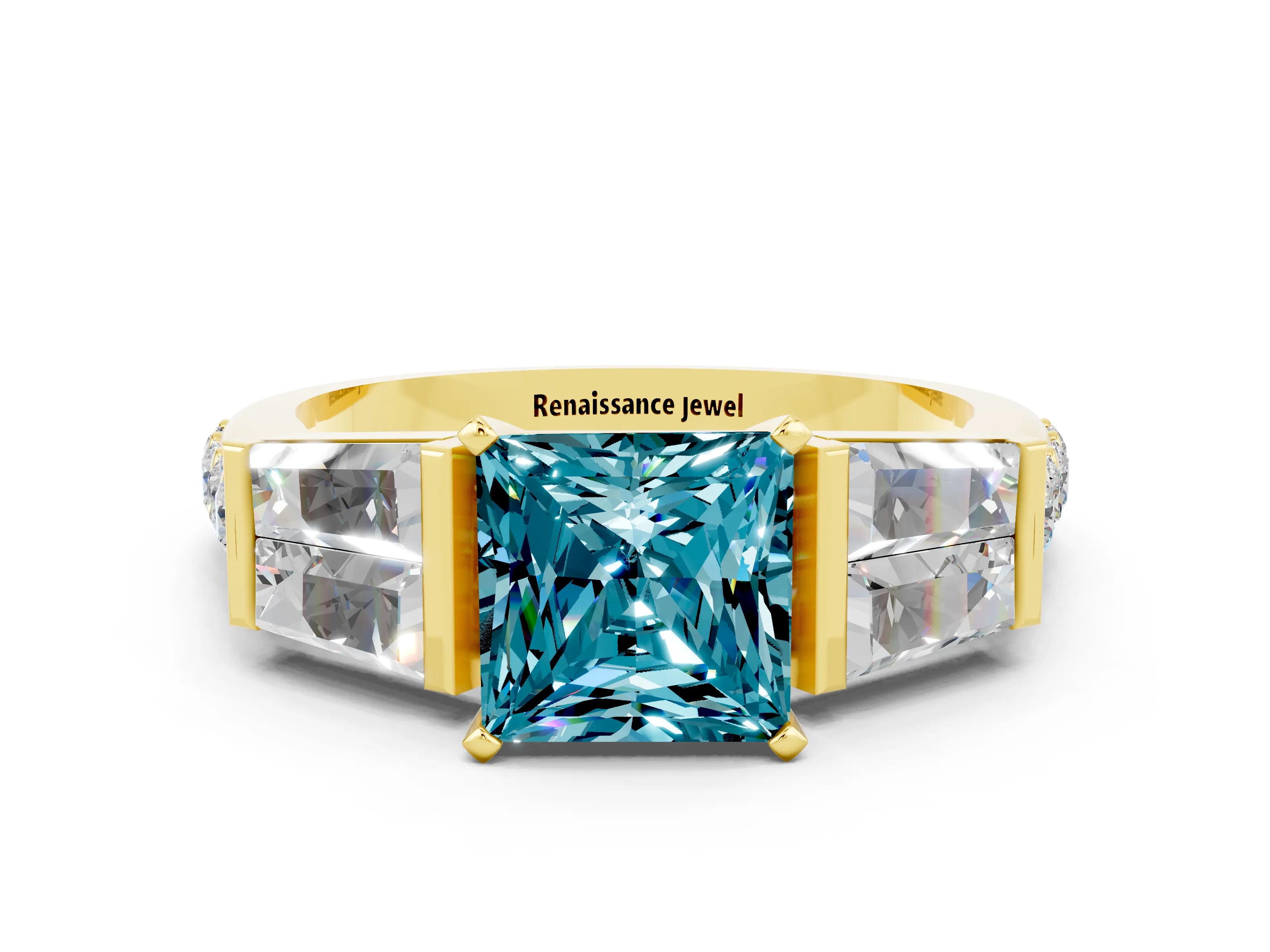 Yellow gold Princess Cut Blue Topaz Engagement Ring with Baguette Side Stones and Channel Set Band