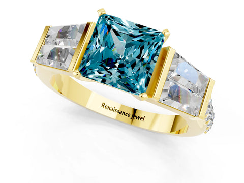 Yellow gold Princess Cut Blue Topaz Engagement Ring with Baguette Side Stones and Channel Set Band_1