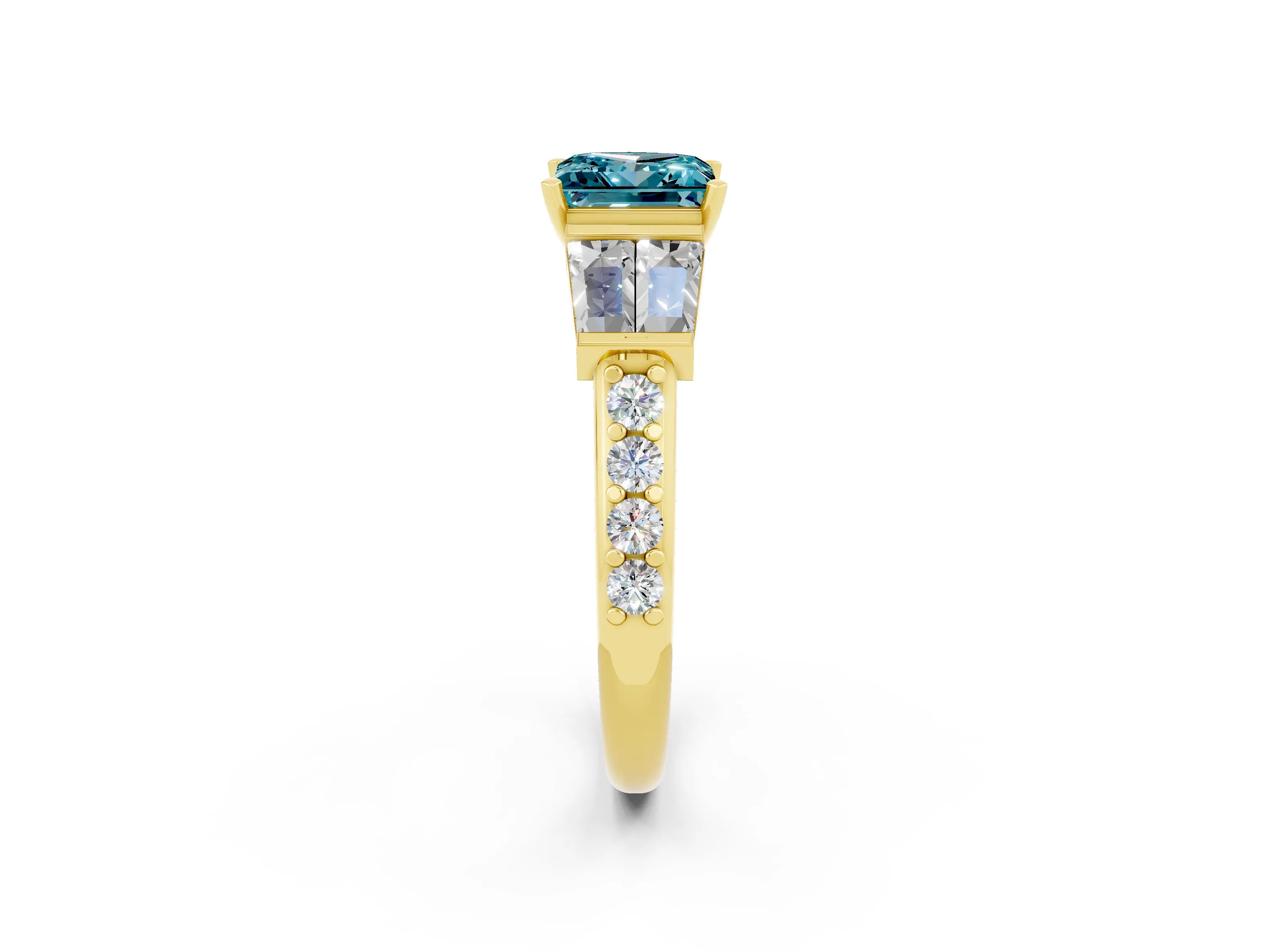 Yellow gold Princess Cut Blue Topaz Engagement Ring with Baguette Side Stones and Channel Set Band_2
