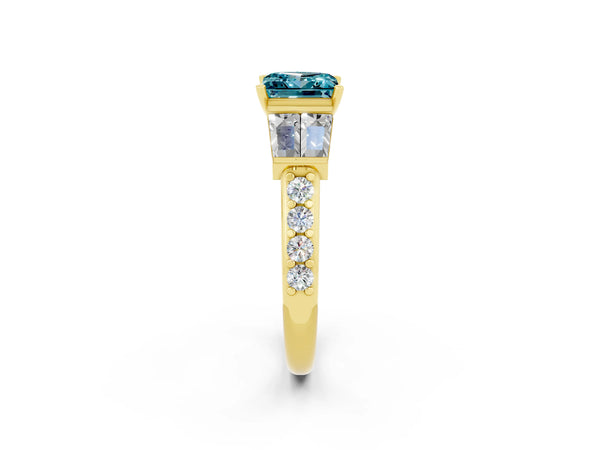 Yellow gold Princess Cut Blue Topaz Engagement Ring with Baguette Side Stones and Channel Set Band