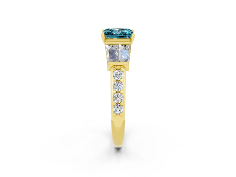 Yellow gold Princess Cut Blue Topaz Engagement Ring with Baguette Side Stones and Channel Set Band_2