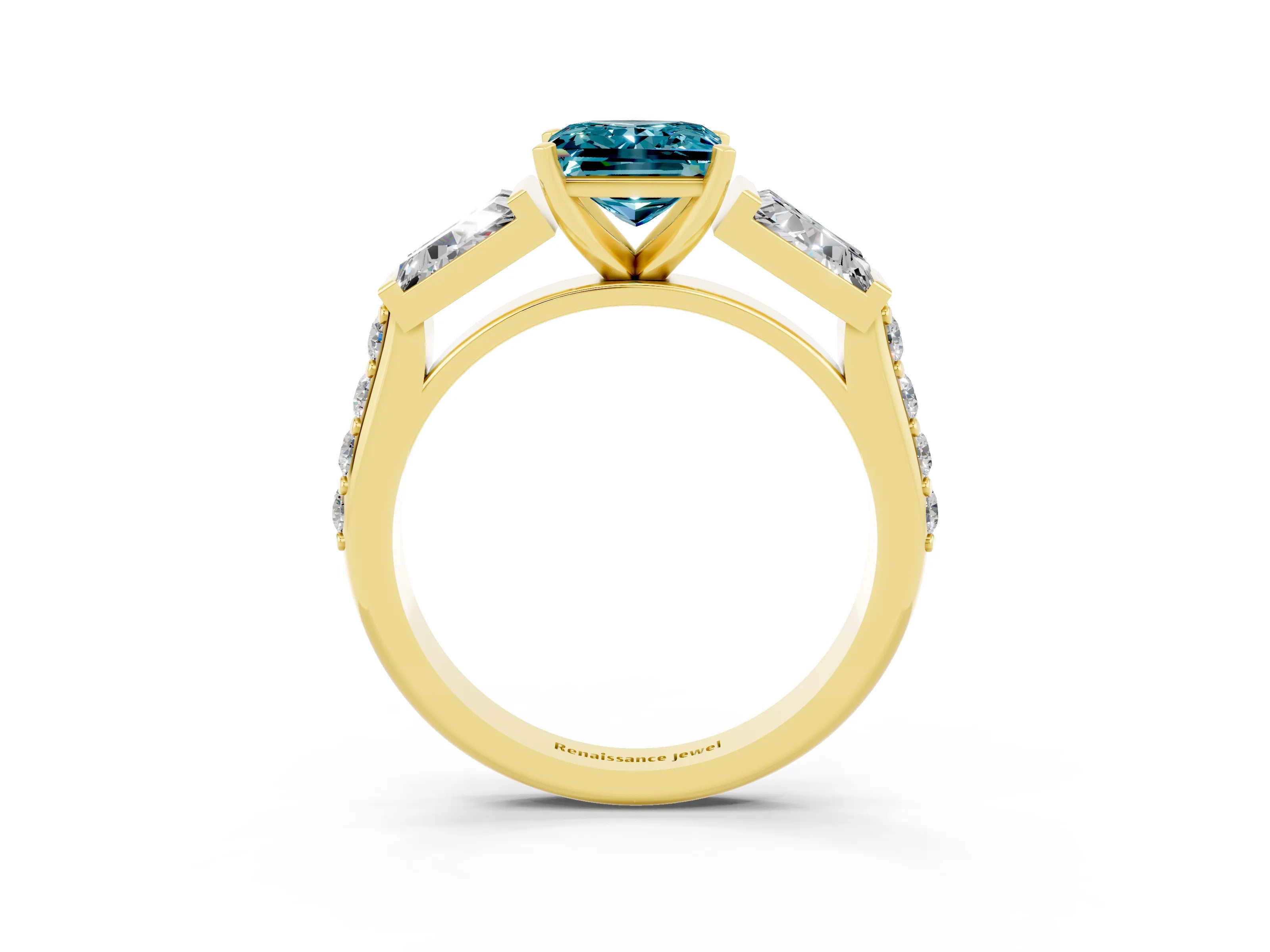 Yellow gold Princess Cut Blue Topaz Engagement Ring with Baguette Side Stones and Channel Set Band_3