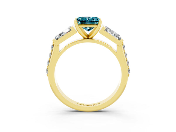 Yellow gold Princess Cut Blue Topaz Engagement Ring with Baguette Side Stones and Channel Set Band